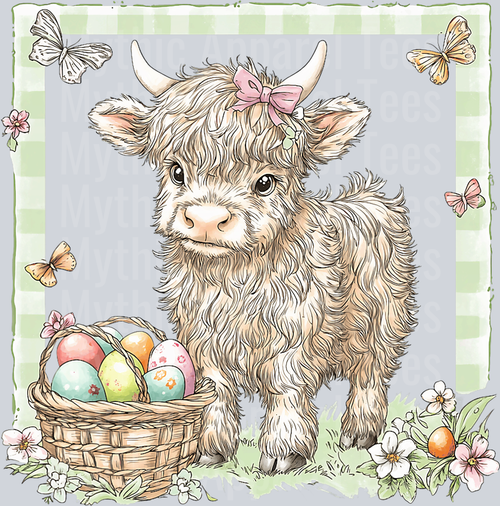 Easter Curly Highland Cow with eggs and basket DTF Highland Cow Transfers