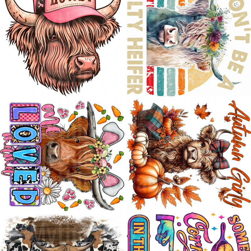 HIGHLAND COW SUNFLOWER GANG SHEET 10 FULL SIZE IMAGES