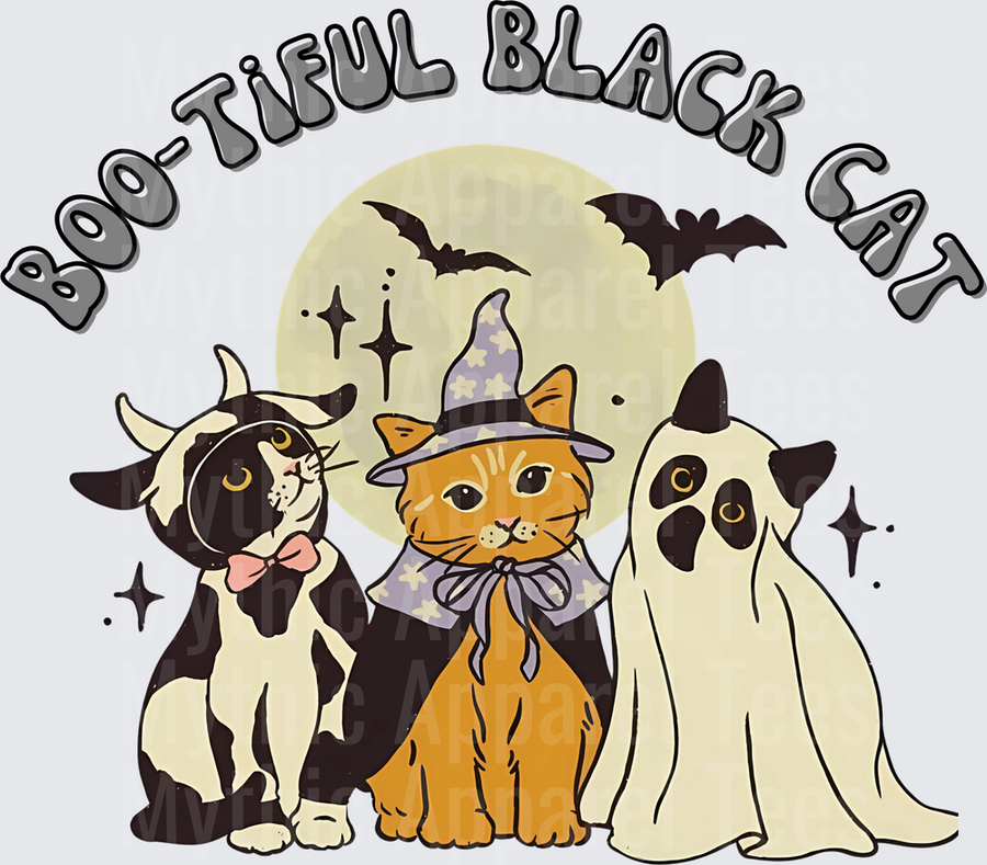 Boo-Tiful Black Cat Halloween Cats in Costumes Full Moon Bats Witch Wizard Ghost Cow Costume Trio