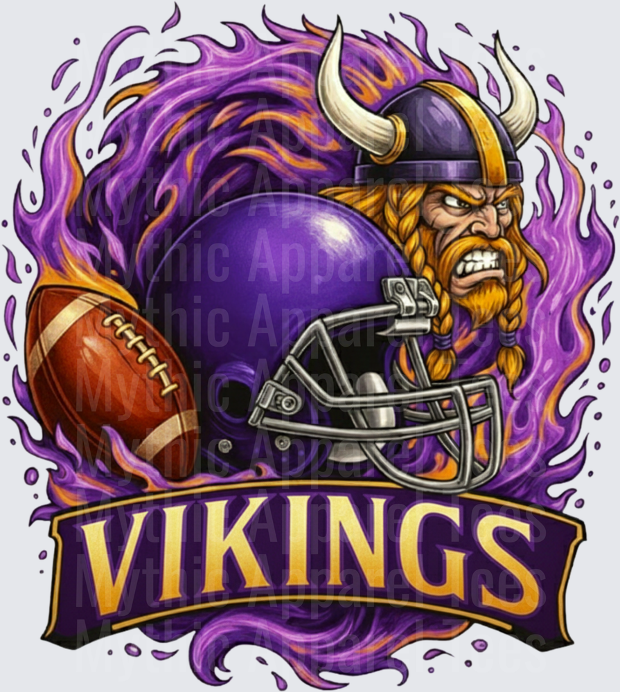 Fierce Viking Warrior Purple Flames Football Helmet and Ball Vikings Banner Design