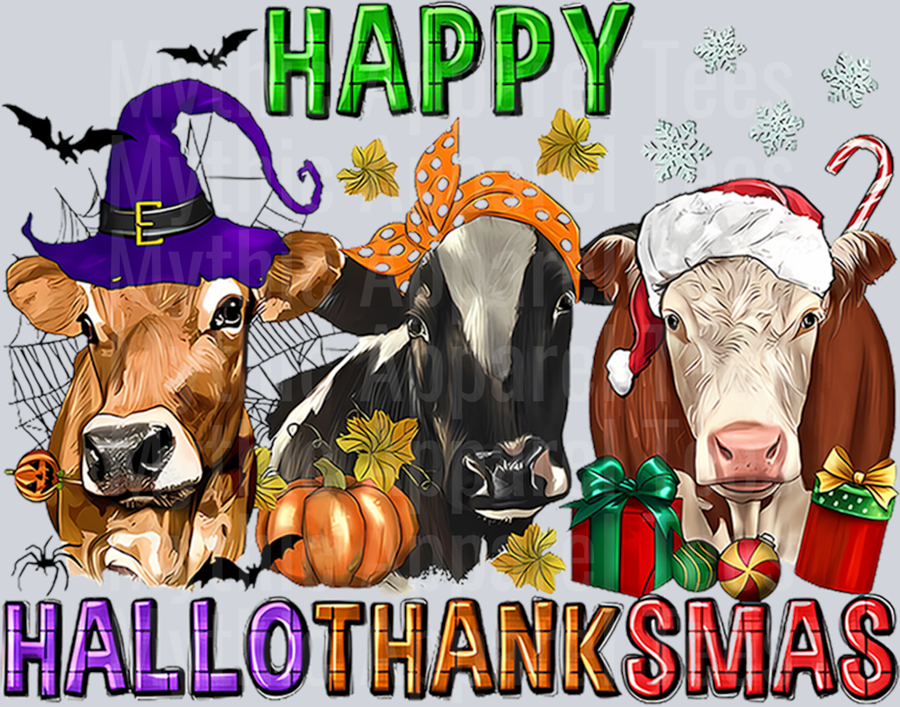 Happy Hallothanksmas Highland Cow Halloween Merry Christmas Sweatshirt