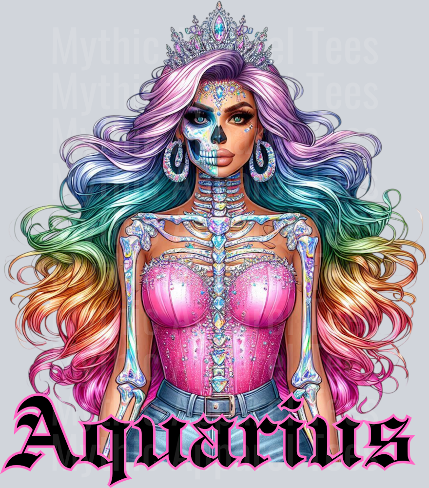 Aquarius Glam Skull Girl Horoscope DTF Zodiac Sign Transfers