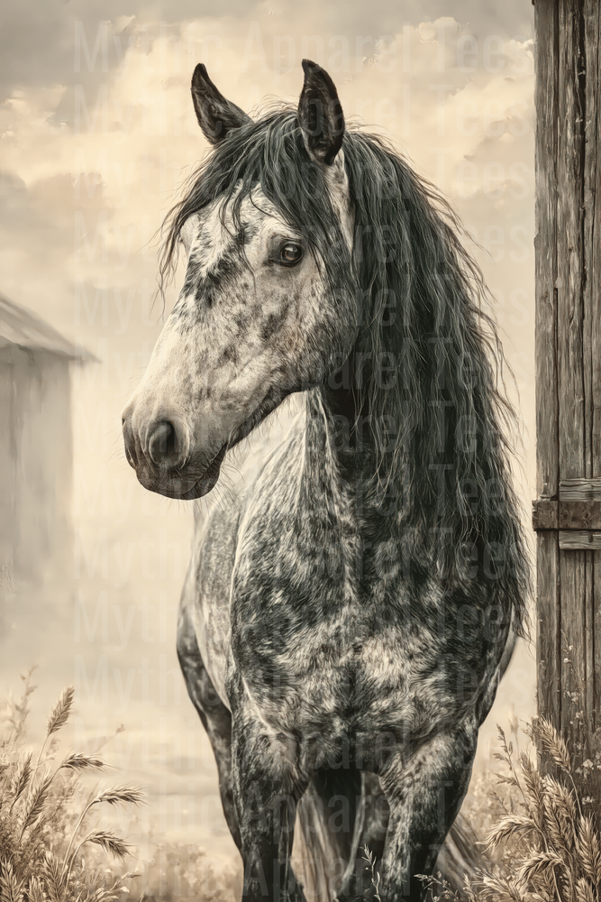 Majestic Dapple Gray Horse With Long Dark Mane Vintage Sepia Farmstead Portrait