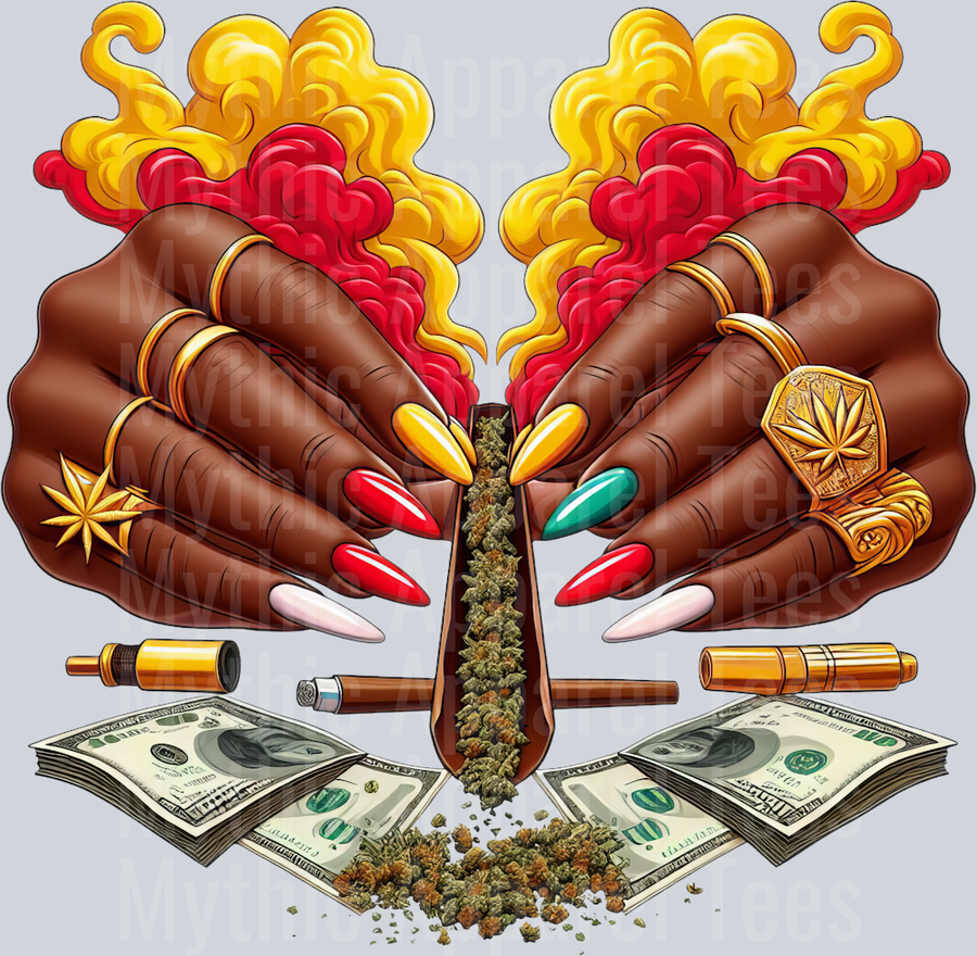 Blunt with nails and RED YELLOW floral colors weed plant DTF Weed Transfers