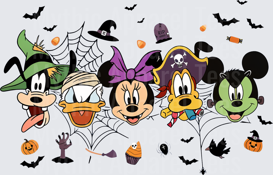 Mickey Mouse and Friends Halloween Costumes Goofy Donald Minnie Pluto Frankenstein Spooky Bats Pumpkins Candy Corn Spider Webs
