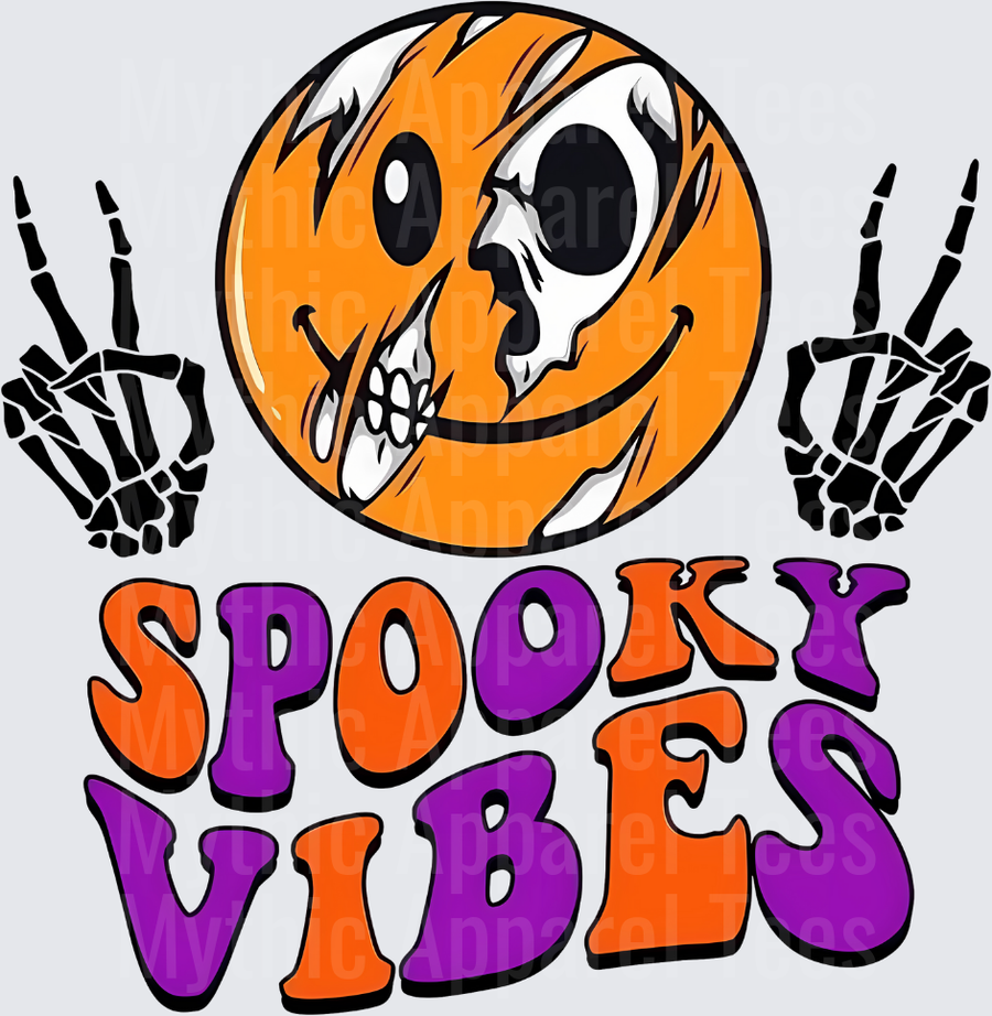 Spooky Vibes Halloween Skull Smiley Face with Skeleton Peace Sign Hands Orange Purple Retro Groovy Lettering