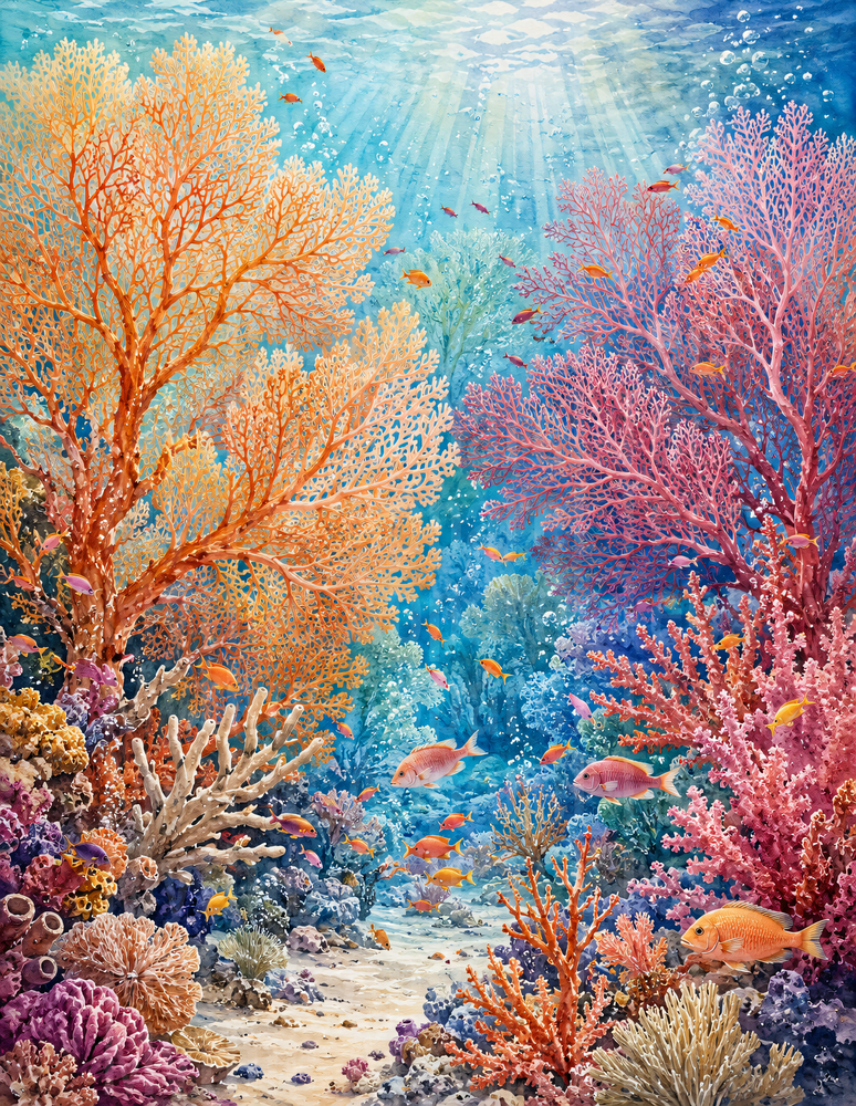 Ocean Animals Vibrant Coral Reef Underwater Watercolor Scene