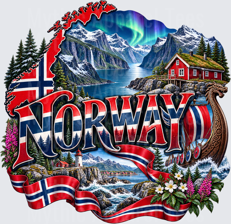 Norway Viking Ship Fjord Northern Lights Scenic Collage with Norwegian Flag Map and Lighthouse