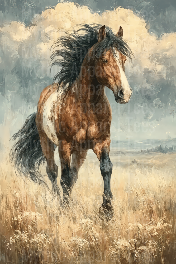 Wild Mustang Running Free Through Golden Prairie Oil Painting Style