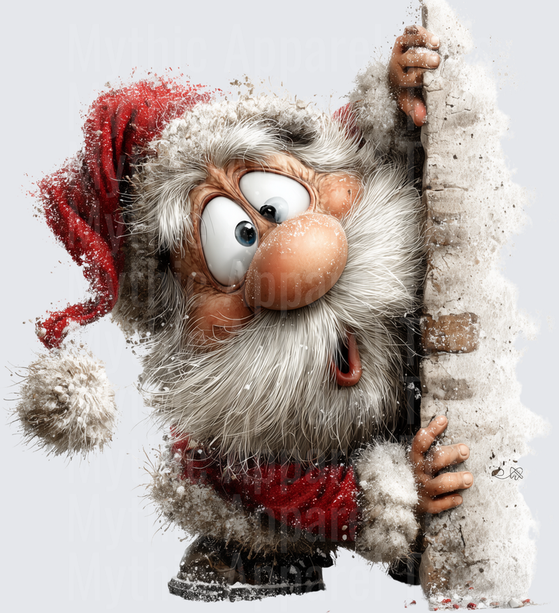 Funny Cartoon Christmas Gnome Peeking Around Snowy Wall Wide Eyed Expression Red Santa Hat White Beard