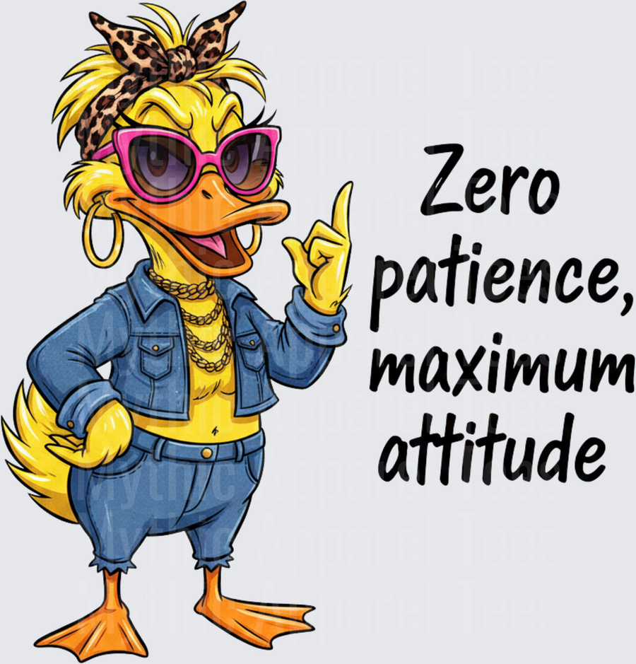 Funny Sarcastic Duck with Leopard Print Bandana Pink Sunglasses Gold Chain Denim Outfit Zero Patience Maximum Attitude