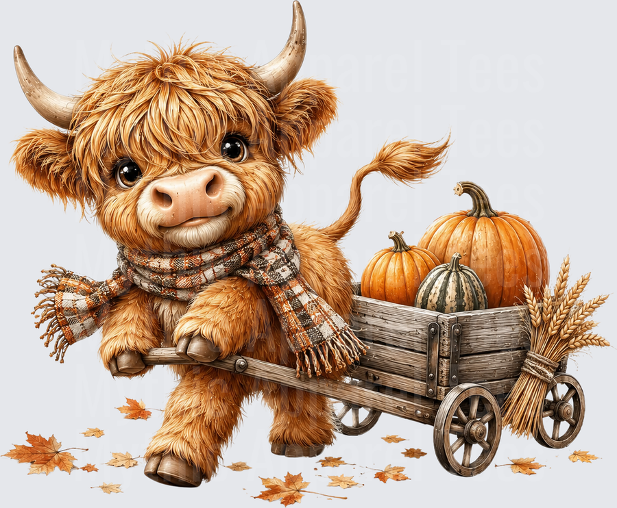 Cute Baby Highland Cow Wearing Plaid Scarf Pulling Wooden Wagon with Fall Pumpkins Gourds and Wheat Autumn Leaves