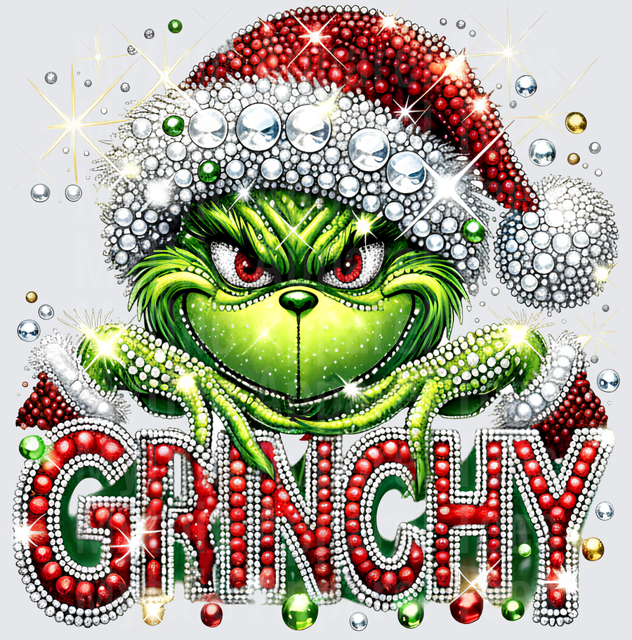 Christmas Bling Grinchy Rhinestone Bedazzled Grinch Santa Hat Sparkling Gem Text Holiday Design