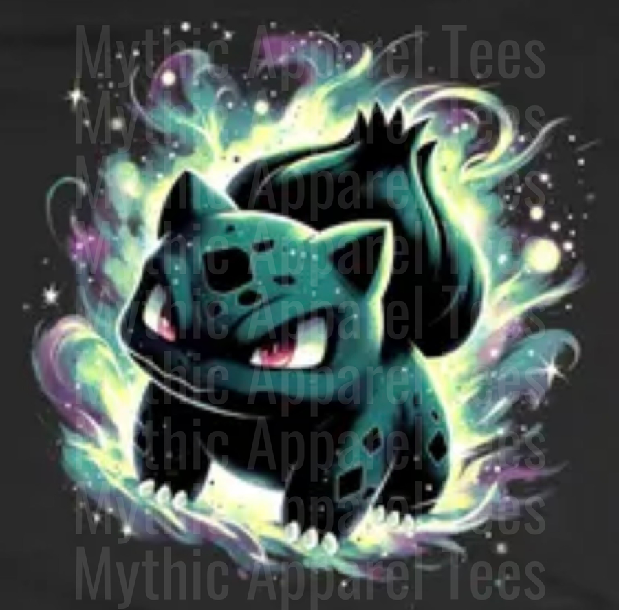 Dark Mystic Bulbasaur Surrounded by Glowing Green Galaxy Flames and Cosmic Energy