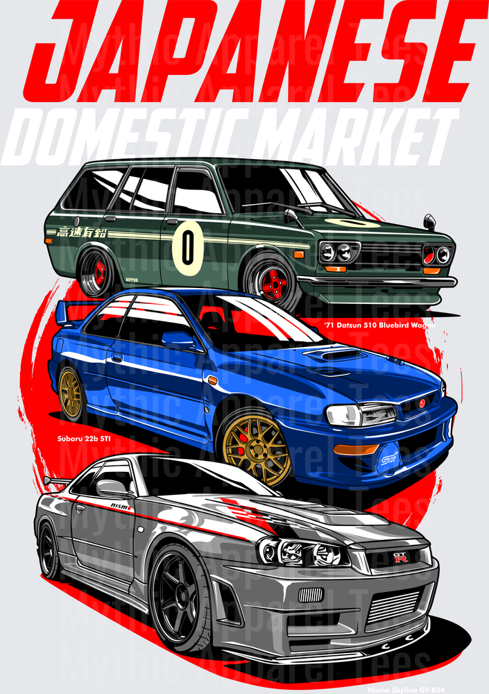 Drifting and Muscle Cars Japanese Legends 71 Datsun 510 Subaru 22b STI Nissan Skyline R34 GTR Nismo Trio