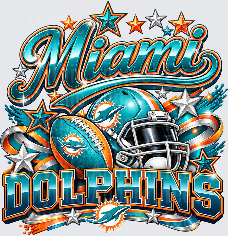 Gradient Polished Style NFL Miami Dolphins Bold Script Helmet Football and Stars Teal Orange and Silver Fan Design