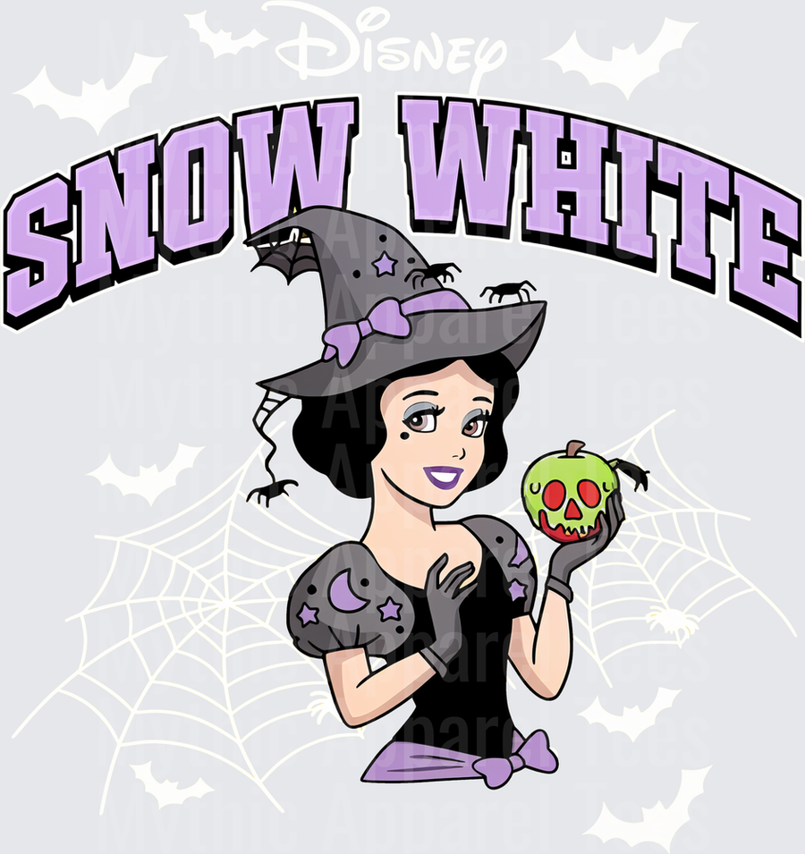 Snow White Halloween Witch with Poison Apple and Spiders Arched Varsity Text