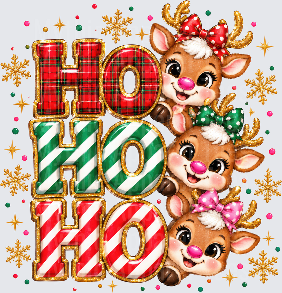 Ho Ho Ho Stacked Gold Glitter Letters with Three Cute Reindeer Girls Wearing Polka Dot Bows and Gold Snowflakes