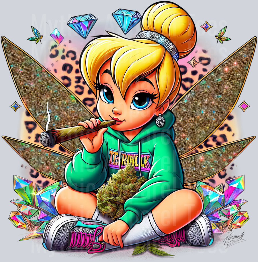 Tinkerbell 2 Jewels Smoking Weed DTF Weed Transfers