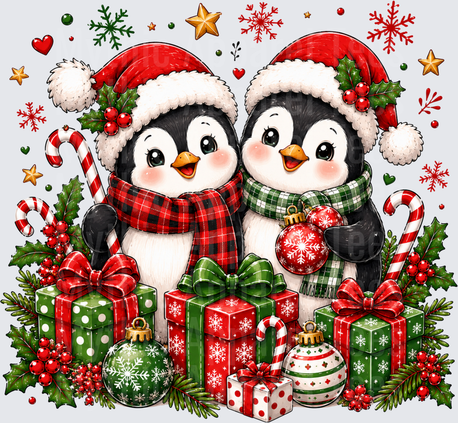 Cute Penguin Couple Santa Hats Plaid Scarves Christmas Gifts Holly Snowflakes Holiday