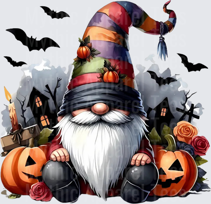 Halloween Gnome with Jack-O-Lanterns Bats Haunted House Candle and Roses Spooky Watercolor