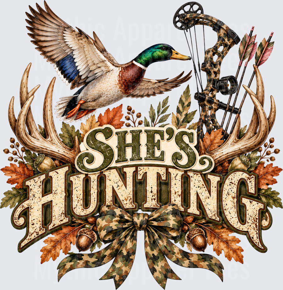 She's Hunting Mallard Duck Compound Bow Antler Camo Bow Fall Leaves Acorn Women's Hunting Design