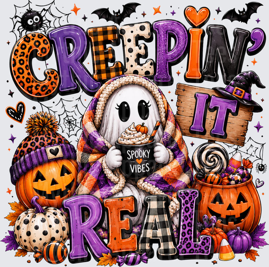 Creepin It Real Cute Ghost Wrapped In Plaid Blanket Holding Spooky Vibes Mug Halloween Pumpkins Bats Candy Leopard Print Mixed Font Design