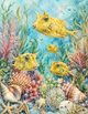 Ocean Animals Watercolor Cowfish Coral Reef Seashell Scene
