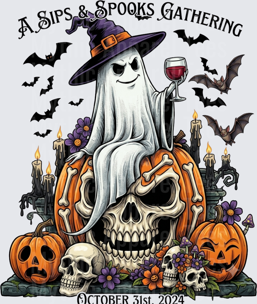 A Sips & Spooks Gathering October 31st 2024 Ghost Witch Wine Halloween Design with Skulls Pumpkins Bats and Candles
