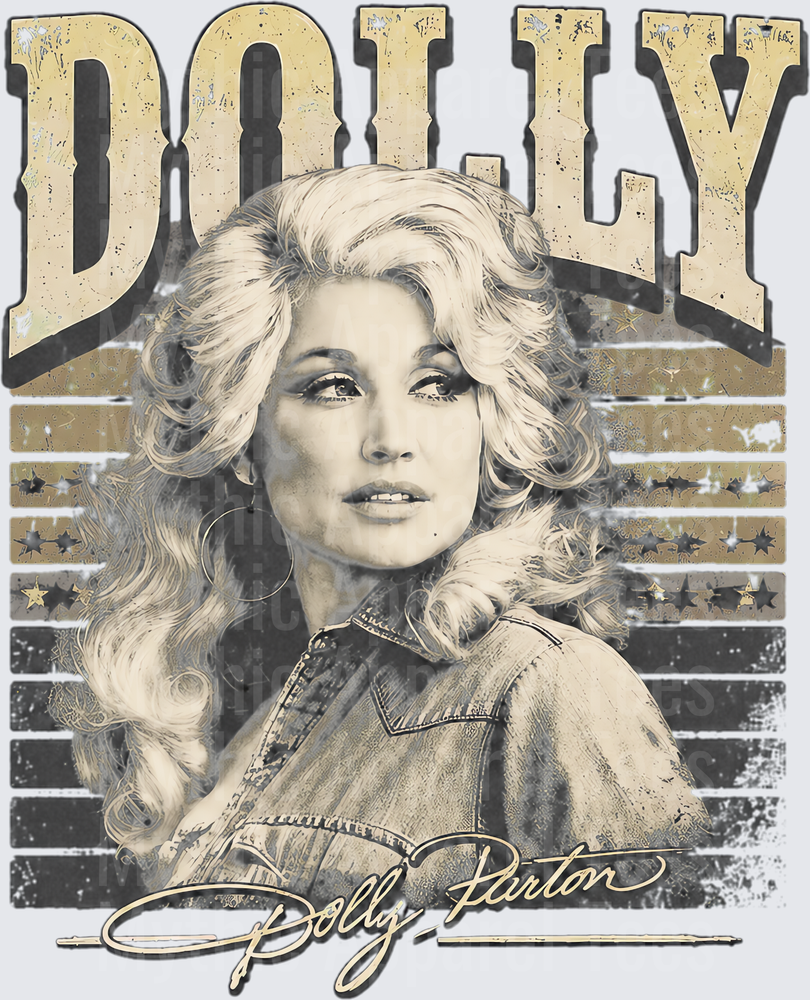 Dolly Parton Vintage Retro Portrait with Bold Western Lettering and Gold Star Stripe Flag Background Signature Graphic