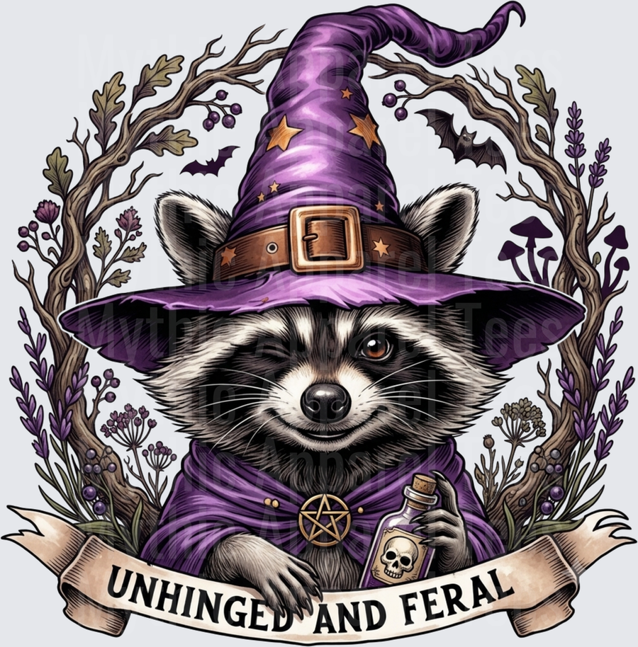 Unhinged And Feral Witch Raccoon With Purple Cloak Pentagram And Poison Bottle Surrounded By Bats And Botanical Branches