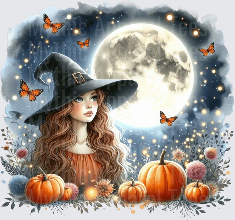 Halloween Gothic Witches Girl Full Moon Pumpkins Butterflies