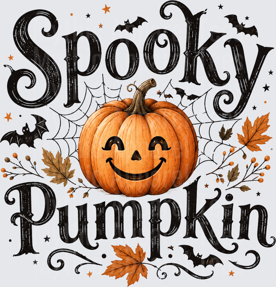 Spooky Pumpkin Halloween Jack-O-Lantern with Bats Spider Web and Fall Leaves Typography Design