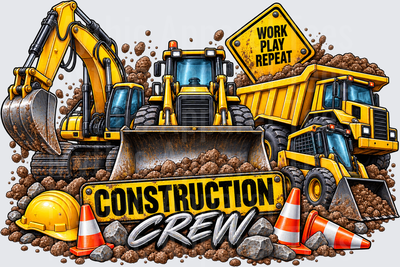 Construction Equipment Construction Crew Work Play Repeat Yellow Excavator Bulldozer Dump Truck with Hard Hat and Traffic Cones