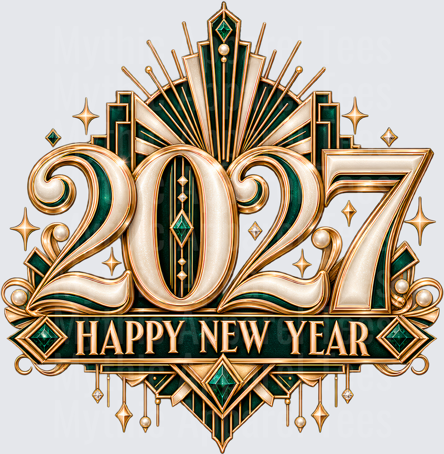 Happy New Year 2027 Art Deco Gold and Emerald Green Celebration Design with Sparkles and Jewels