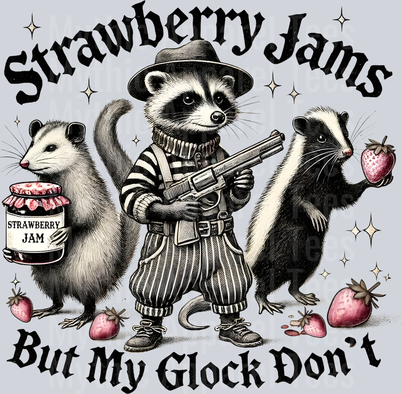 Strawberry Jams but my glock don't Funny Racoon Design DTF Racoon Transfers