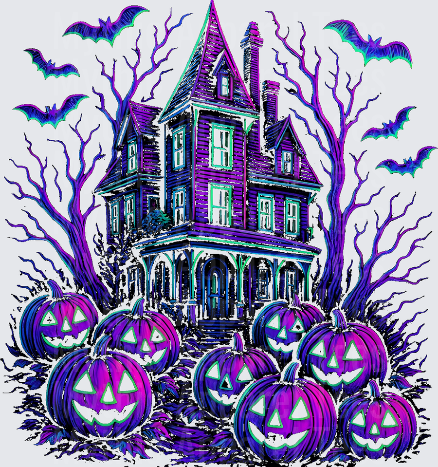 Halloween Purple and Teal Haunted Victorian Mansion with Glowing Jack-O-Lanterns Bats and Dead Trees