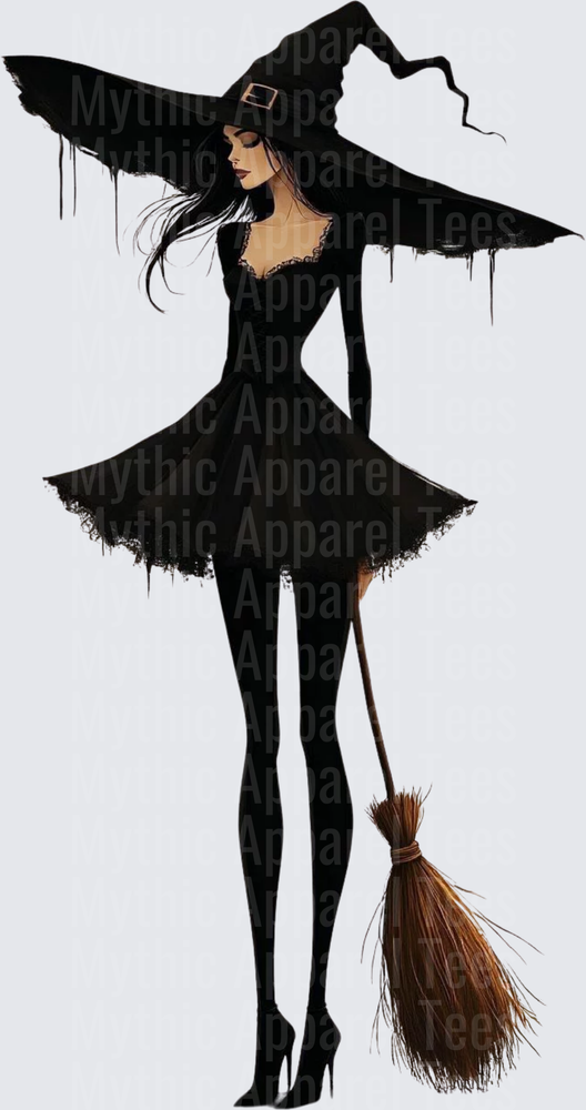 Elegant Dark Witch Fashion Illustration with Wide Brim Hat and Broomstick
