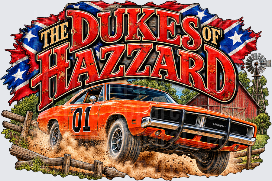 The Dukes of Hazzard General Lee 1969 Dodge Charger 01 Kicking Up Dirt Country Barn Confederate Flag Background