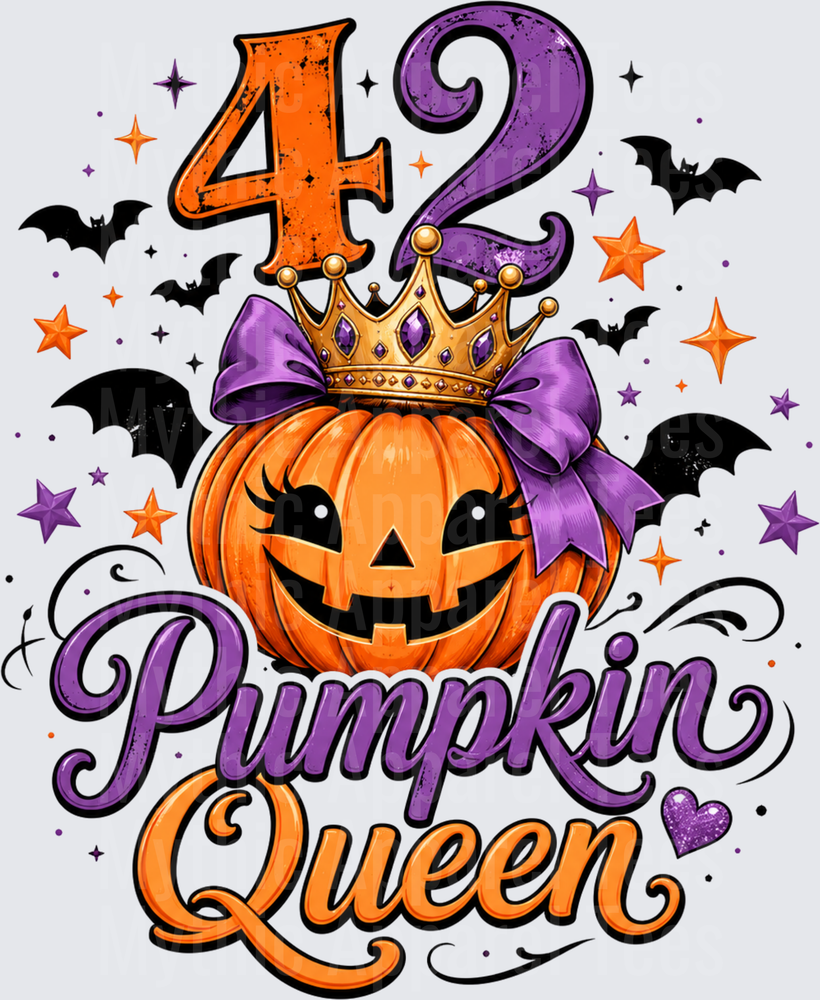 42 Pumpkin Queen Halloween Birthday Jack-o-Lantern with Crown Purple Bow Bats and Stars