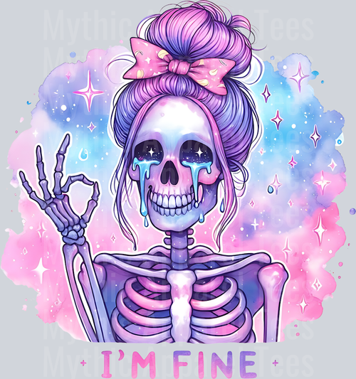 I'm fine crying skull girl with pink pastel colors DTF Skull Transfers