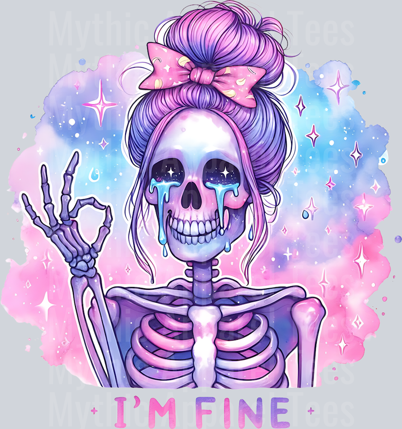 I'm fine crying skull girl with pink pastel colors DTF Skull Transfers
