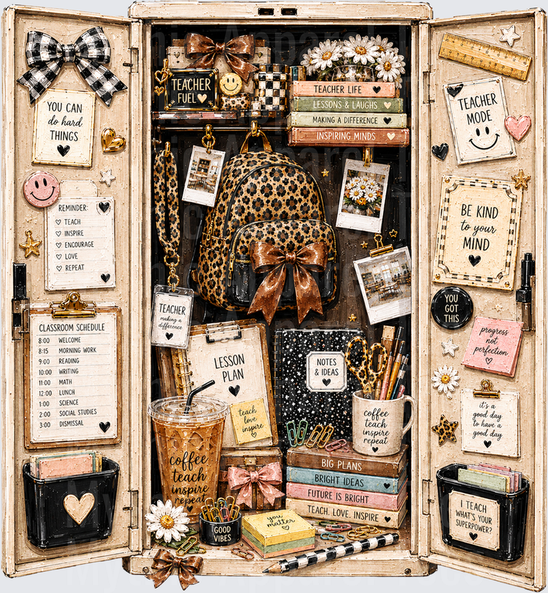 Teacher Life Locker Collage with Leopard Print Backpack Coffee Teach Inspire Repeat Motivational Quotes and Classroom Essentials