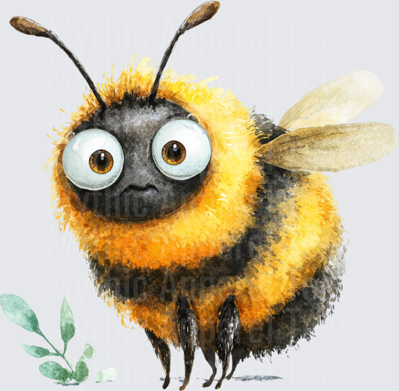 Chubby Grumpy Bumblebee Watercolor Cartoon with Big Eyes and Green Leaf