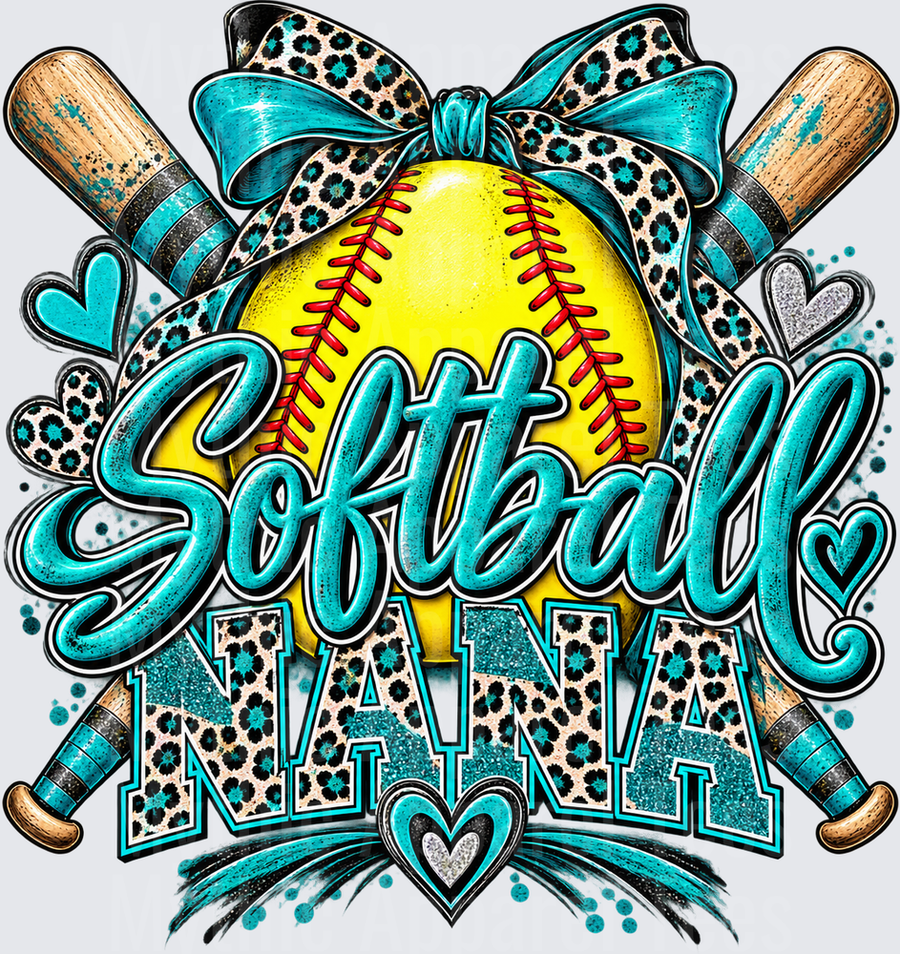 Softball Nana Teal Leopard Bow Crossed Bats Yellow Ball Heart Glitter Design