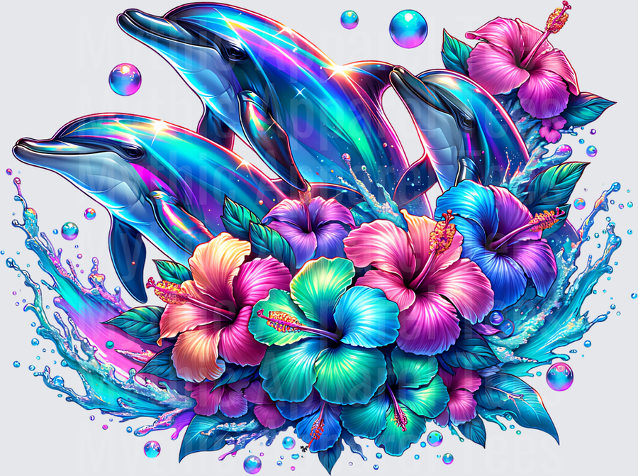 Ocean Animals Holographic Dolphins Leaping Over Tropical Hibiscus Blooms with Water Splashes and Bubbles
