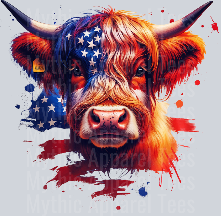 Highland Cow Red White and Blue DTF Western Patriotic Transfers
