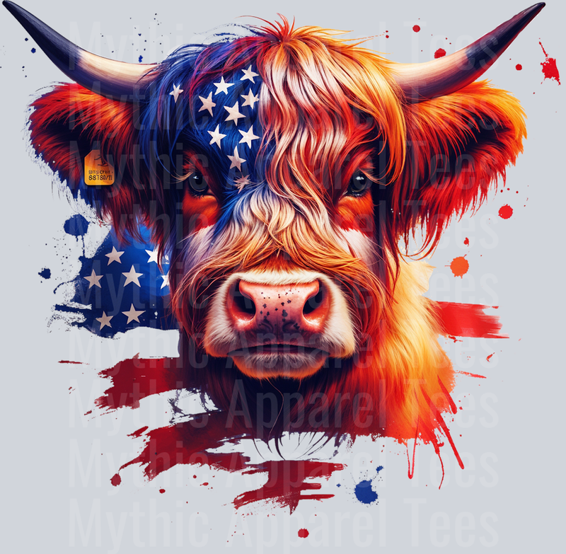 Highland Cow Red White and Blue DTF Western Patriotic Transfers