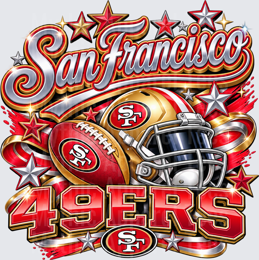 Gradient Polished Style NFL San Francisco 49ers Bold Script Gold Helmet Football Stars Red Gold Silver Fan Design