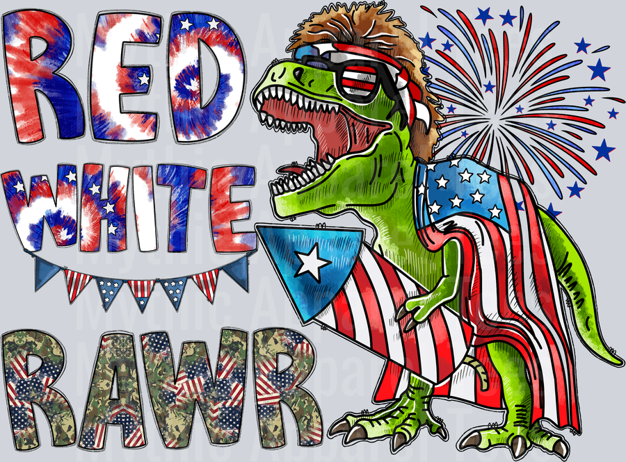 Red White Rawr Dinosaur 3 4th of July DTF Patriotic Transfers